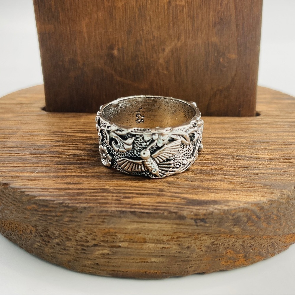 Hummingbird Ring Size 7 Bird Flower Tree Wide Band Silver Tone Metal Boho Gift